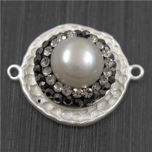 white Pearl connector pave rhinestone, copper, flat round, duck silver plated, approx 18mm dia