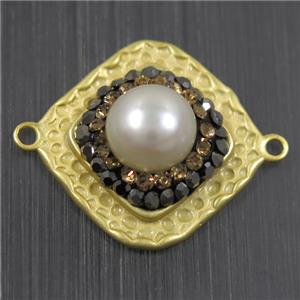 white Pearl connector pave rhinestone, copper, square, duck gold plated, approx 18x18mm