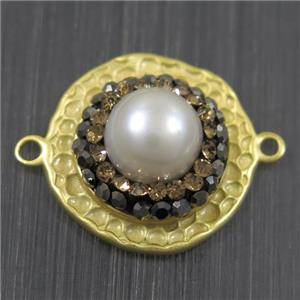 white Pearl connector pave rhinestone, copper, flat round, duck gold plated, approx 18mm dia