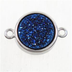 blue Druzy Agate connector, flat round, platinum plated, approx 12mm dia