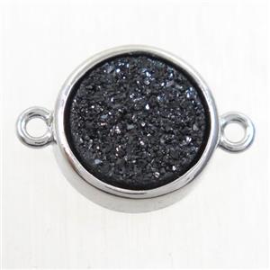 black Druzy Agate connector, flat round, platinum plated, approx 12mm dia