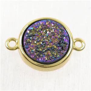 rainbow Druzy Agate connector, flat round, gold plated, approx 12mm dia