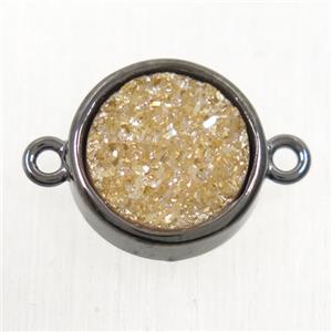 gold champagne Druzy Agate connector, flat round, black plated, approx 12mm dia