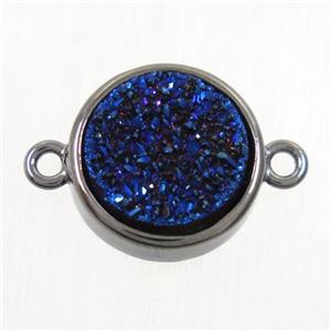 blue Druzy Agate connector, flat round, black plated, approx 12mm dia