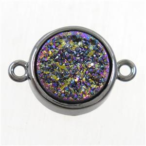 rainbow Druzy Agate connector, flat round, black plated, approx 12mm dia