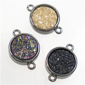 Druzy Agate connector, mixc olor, flat round, black plated, approx 12mm dia