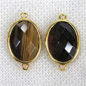 Tiger eye stone connector, faceted oval, approx 15x20mm