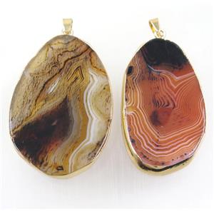 Stripe Agate slice pendants, freeform, mix color, gold plated, approx 30-80mm