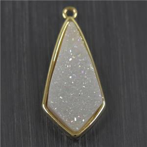 white AB-color Druzy Agate pendant, teardrop, gold plated, approx 12-26mm