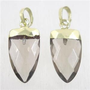 Smoky Quartz pendants, faceted arrowhead, gold plated, approx 10-18mm