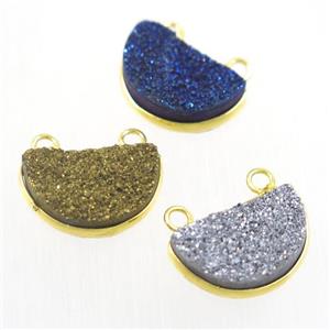 Druzy Quartz half-moon pendants with 2loops, mix color, approx 11-18mm