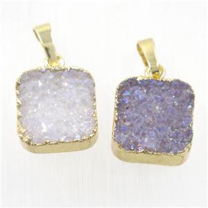 Druzy Agate square pendant, natural AB-color, gold plated, approx 15x15mm