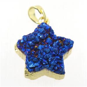 blue electroplated Druzy Quartz star pendant, gold plated, approx 20mm dia