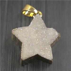 white AB-color Druzy Quartz star pendant, gold plated, approx 20mm dia