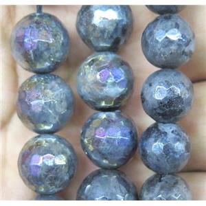 Black larvikite Labradorite beads, faceted round, AB-color, approx 8mm dia