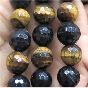 faceted round Tiger eye stone beads, yellow, black, approx 12mm dia