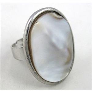mother of pearl ring, adjustable, copper, platinum plated, approx 22x30mm