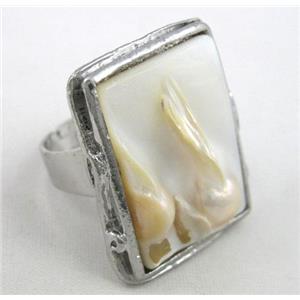 mother of pearl ring, adjustable, copper, platinum plated, approx 20x25mm
