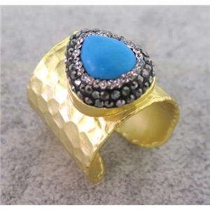 copper ring paved rhinestone, turquoise, approx 20mm dia