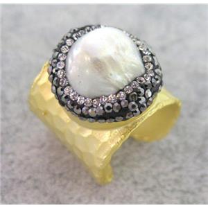 copper ring paved rhinestone, pearl, approx 20mm dia