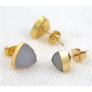 druzy agate earring studs, copper, triangle, gold plated, approx 10mm dia