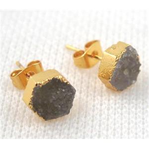 druzy agate earring studs, copper, gold plated, approx 8mm