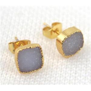 druzy agate earring studs in natural color, copper, square, gold plated, approx 8x8mm