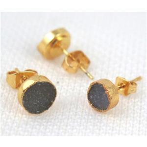 druzy agate earring studs, copper, flat-round, gold plated, approx 6mm dia