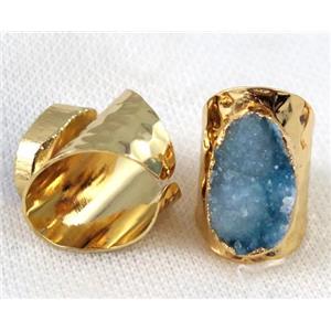 blue druzy quartz ring, copper, gold plated, approx 15-22mm