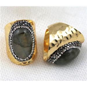 Labradorite ring pave rhinestone, copper, gold plated, approx 15-22mm
