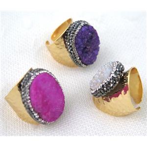 mix Druzy Quartz ring pave rhinestone, copper, gold plated, approx 20-28mm