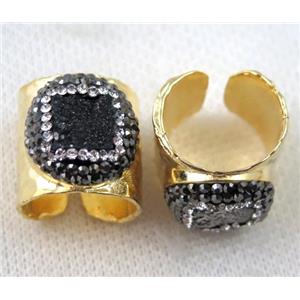 black agate druzy Ring pave rhinestone, copper, gold plated, approx 16-20mm