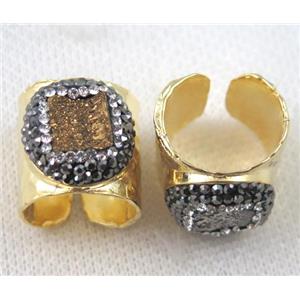 gold agate druzy Ring pave rhinestone, copper, gold plated, approx 16-20mm