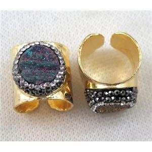 rainbow agate druzy Ring pave rhinestone, copper, gold plated, approx 16-20mm