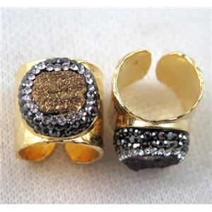 golden agate druzy Ring pave rhinestone, copper, gold plated, approx 16-20mm