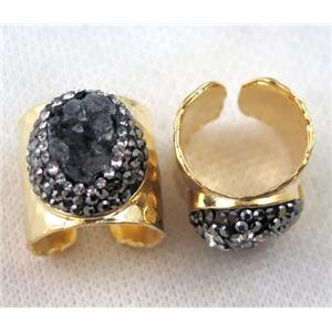 black agate druzy Ring pave rhinestone, copper, gold plated, approx 16-20mm