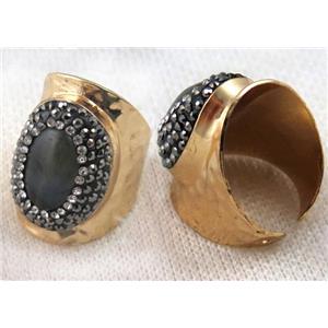 Labradorite ring pave rhinestone, copper, gold plated, approx 16-20mm