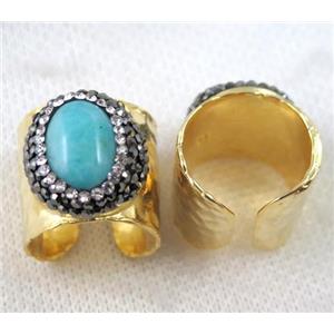 Amazonite Ring pave rhinestone, copper, gold plated, approx 16-20mm