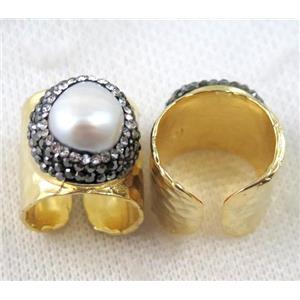 white pearl ring pave rhinestone, copper, gold plated, approx 16-20mm