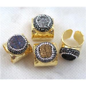 druzy Sunagate Ring paved rhinestone, mix color, copper, gold plated, approx 16-20mm