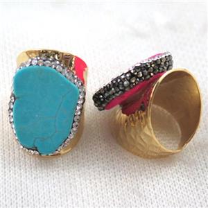 blue turquoise ring paved rhinestone, copper, gold plated, approx 18-25mm, 22mm dia