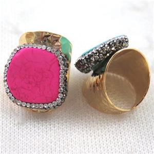 hotpink turquoise ring paved rhinestone, copper, gold plated, approx 18-25mm, 22mm dia
