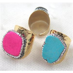 mix turquoise ring paved rhinestone, copper, gold plated, approx 16-18mm, 22mm dia