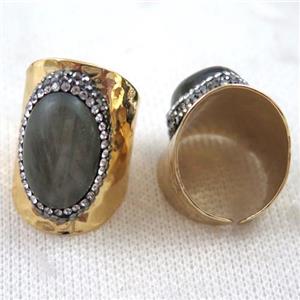 oval labradorite ring paved rhinestone, copper, gold plated, approx 15x20mm, 22mm dia
