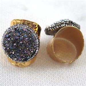 rainbow Agate druzy Ring paved rhinestone, copper, gold plated, approx 20mm, 22mm dia