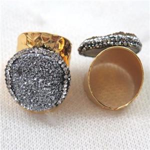 silver Agate druzy Ring paved rhinestone, copper, gold plated, approx 20mm, 22mm dia
