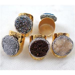 mixed Agate druzy Ring paved rhinestone, copper, gold plated, approx 20mm, 22mm dia