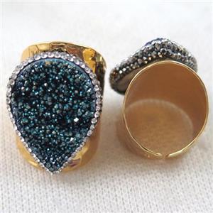 green electroplated Agate druzy Ring paved rhinestone, copper, gold plated, approx 18x25mm, 22mm dia