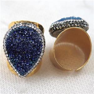 blue electroplated Agate druzy Ring paved rhinestone, copper, gold plated, approx 18x25mm, 22mm dia