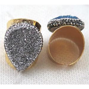 silver druzy Agate Ring paved rhinestone, copper, gold plated, approx 18x25mm, 22mm dia